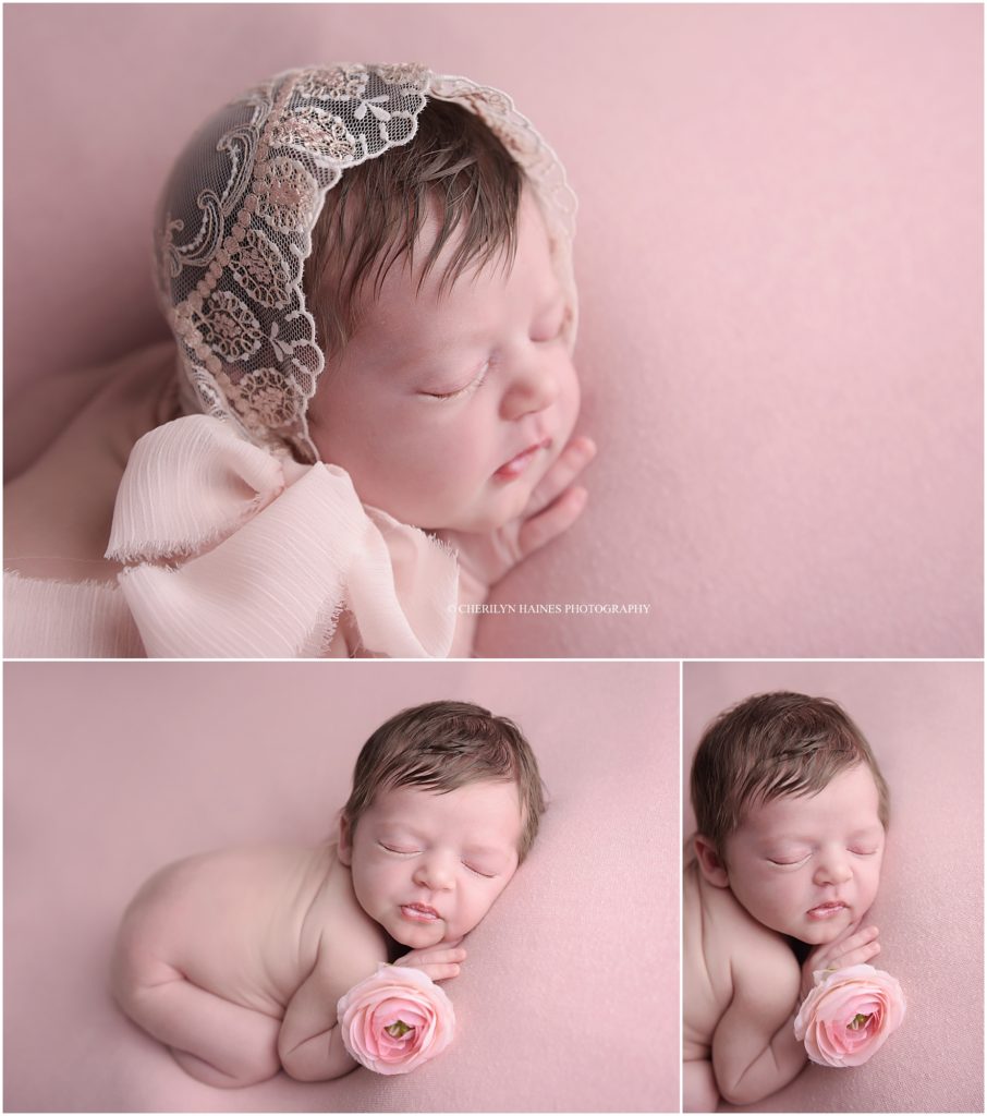 baby photographers in louisiana; newborn baby girl photographed on pink blanket with pink and white lace bonnet