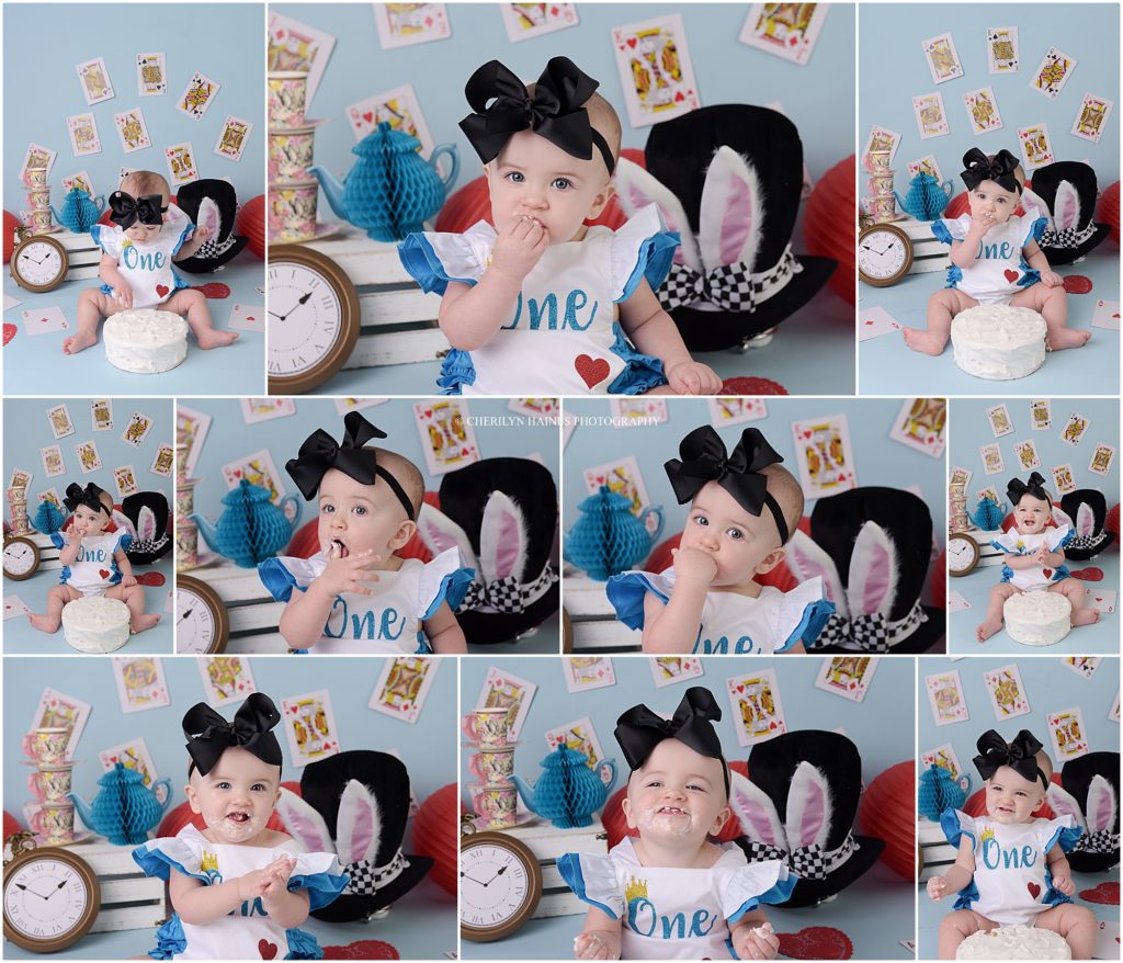 alice in wonderland themed cake smash session in Baton Rouge, Louisiana with Cherilyn Haines