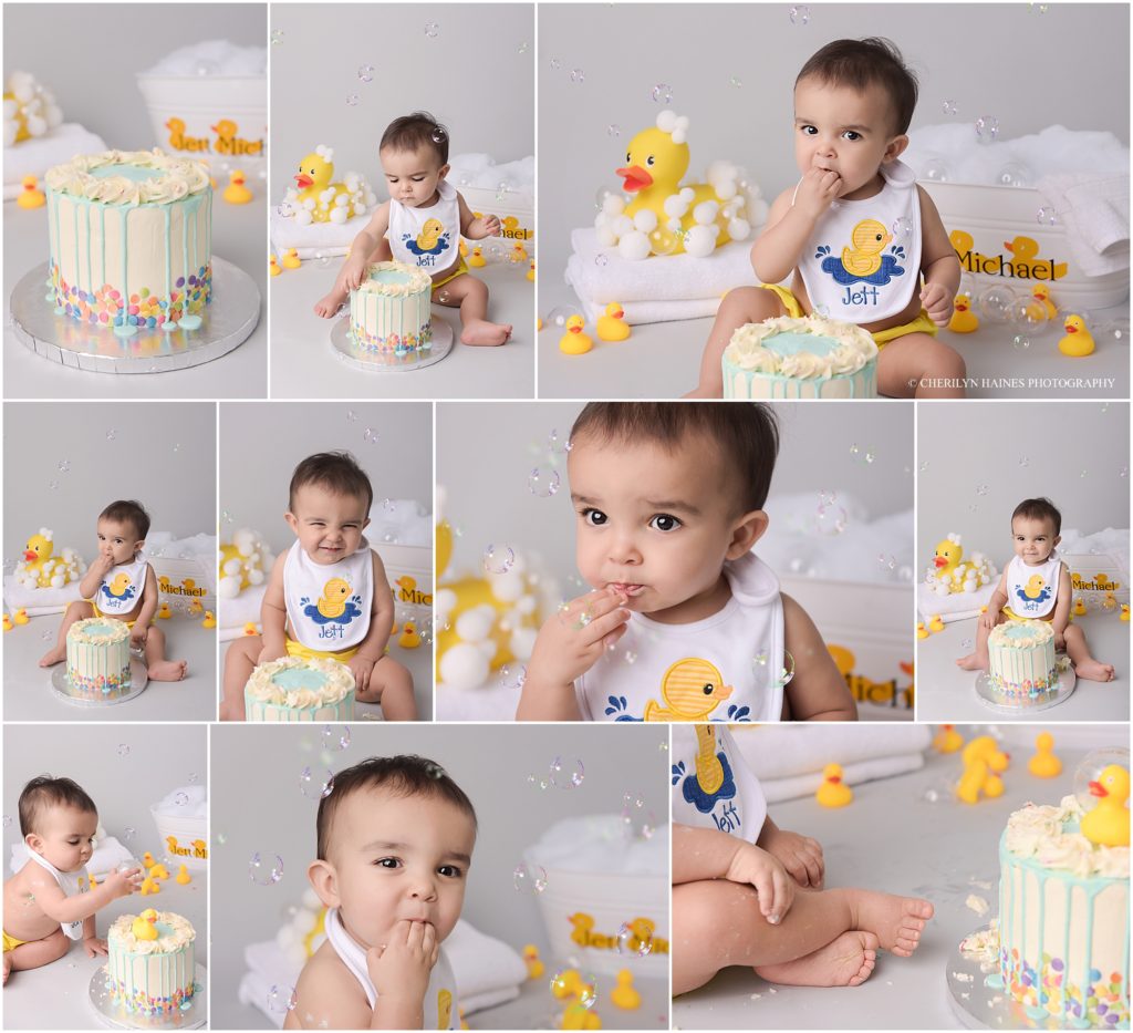 rubber ducky themed cake smash session in Baton Rouge, Louisiana with Cherilyn Haines Photography