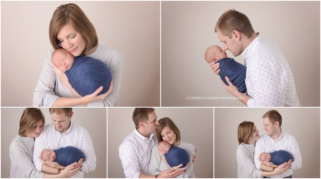 portraits of newborn baby boy with mom and dad