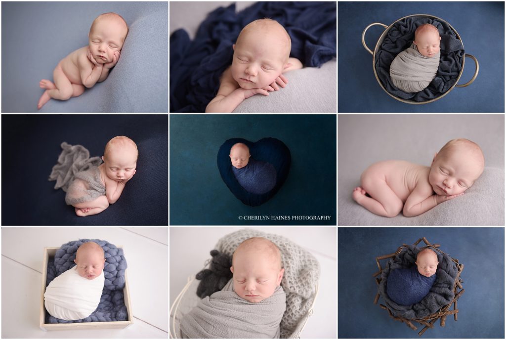 cherilyn haines photography; 12 day old newborn baby boy photographed with blues, grays, and whites