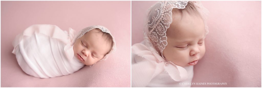 newborn photography; 2 week old baby girl photographed in pink and white lace bonnet
