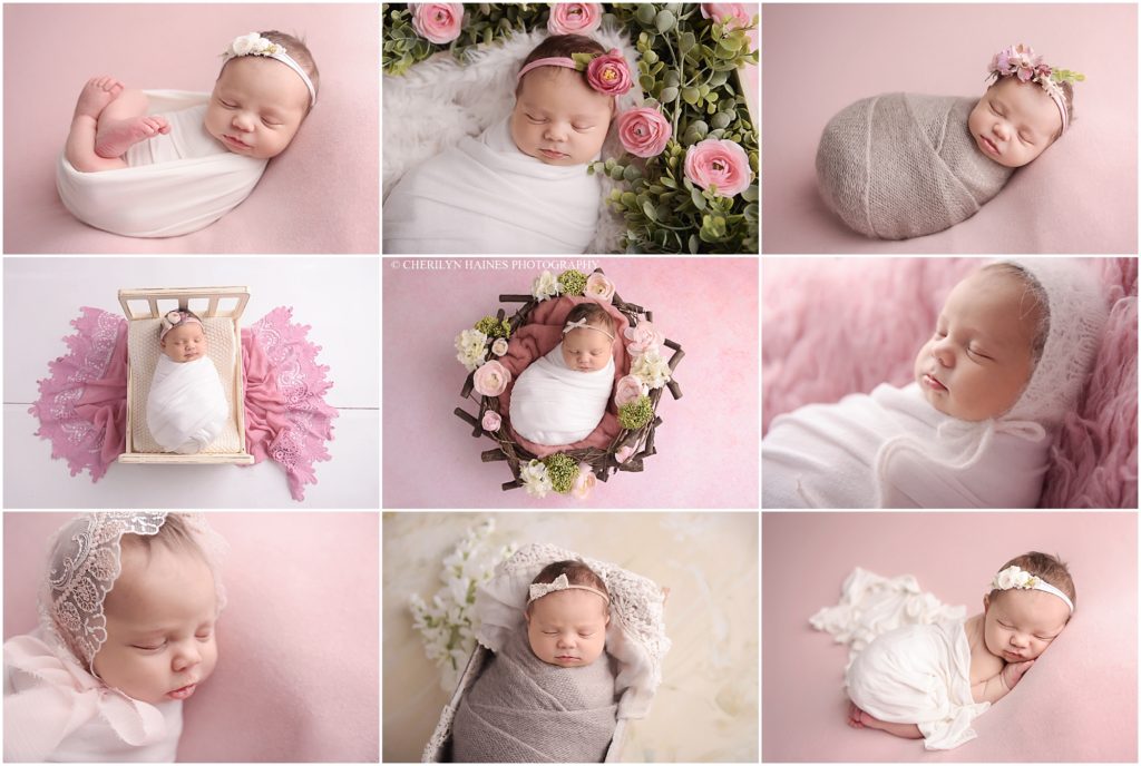 cherilyn haines photography; 13 day old newborn baby girl photographed in baton rouge, louisiana with lots of pinks, whites, and flowers