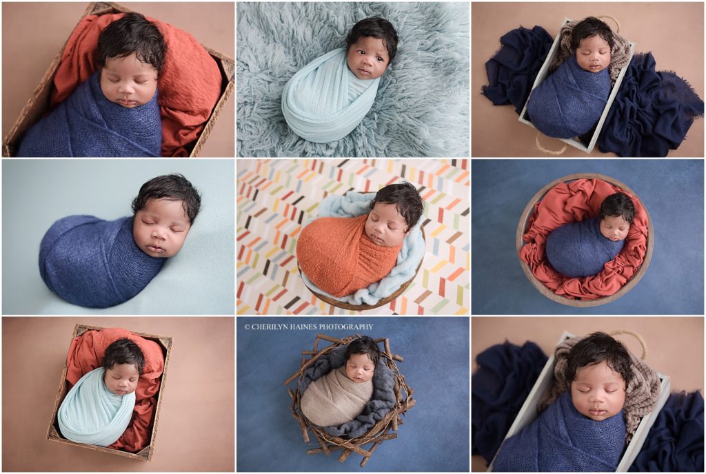 blue and orange themed newborn session in new orleans, louisiana with Cherilyn Haines Photography