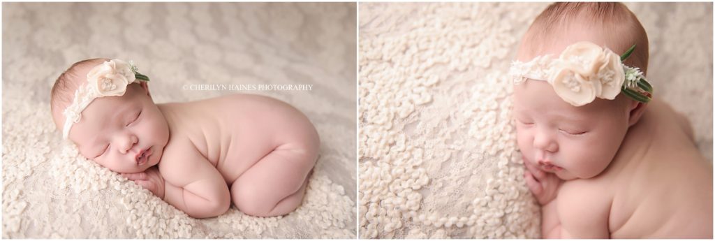 newborn portraits on cream lace blanket