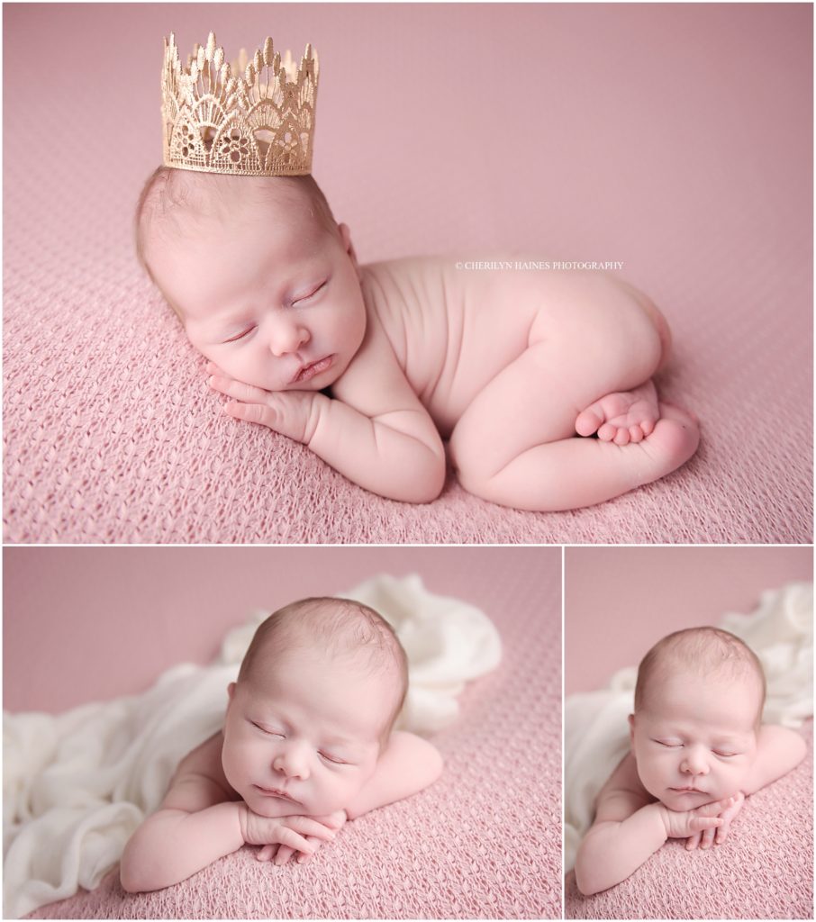 newborn portraits with baby girl wearing a gold tiara
