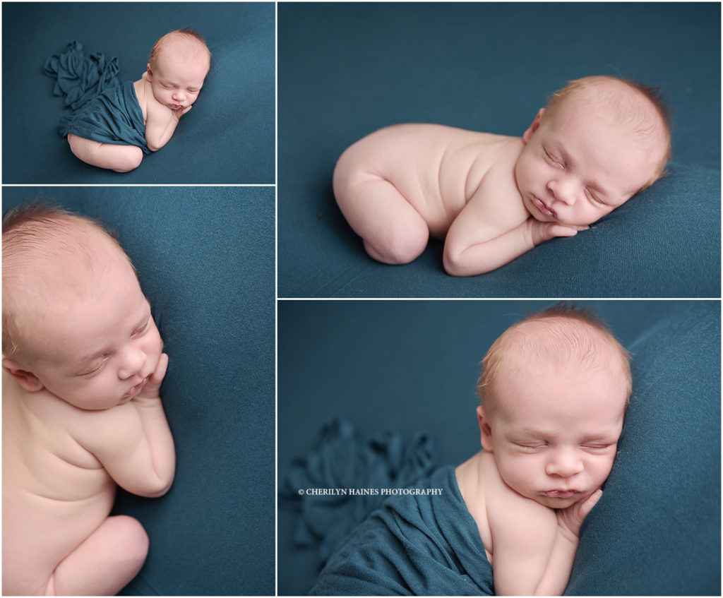 newborn baby boy posed on teal fabric