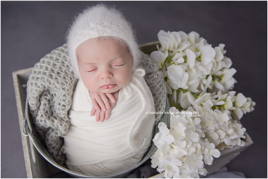 newborn portrait of 14 day old baby girl swaddled and laying in bucket with white florals beside her; photographed by cherilyn haines photography in baton rouge, louisiana