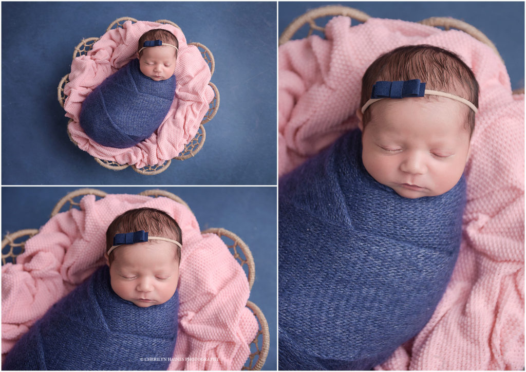 pink and navy newborn portrait session