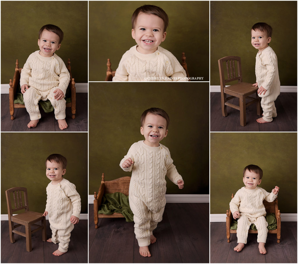 baton rouge, louisiana baby plan photographer; 1 year old baby boy photographed on olive green backdrop