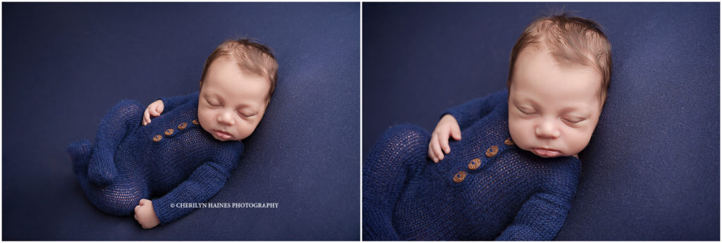 cherilyn haines photography; newborn portrait of baby boy wearing a navy knit pajama outfit posed on a navy blanket