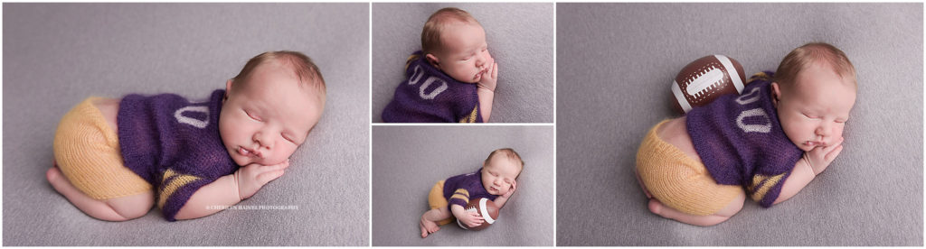 newborn baby boy wearing knit lsu football uniform