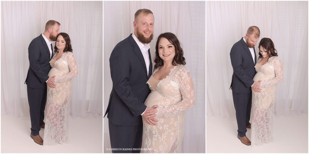 maternity portraits with white lace maternity gown