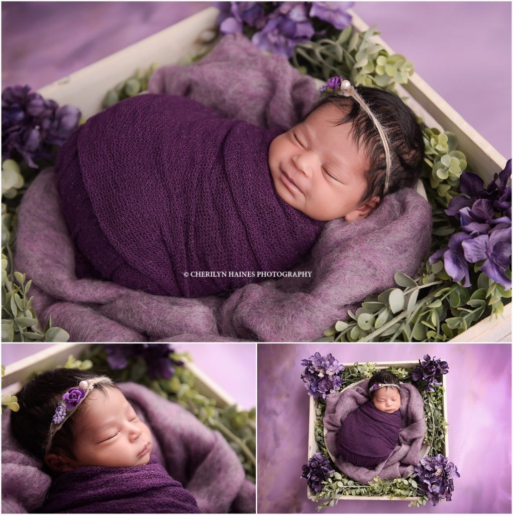 newborn photographers in new orleans, louisiana; 9 day old baby girl photographed with purple flowers