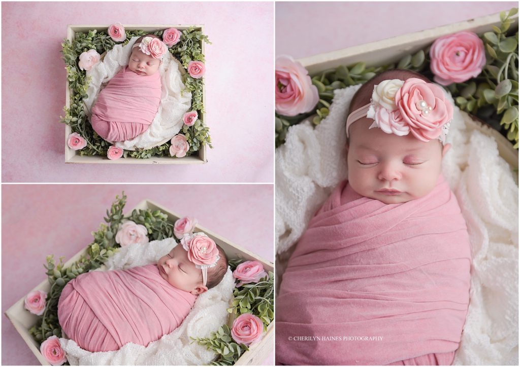 newborn photographers in new orleans, la; newborn baby girl photographed with pink cabbage roses