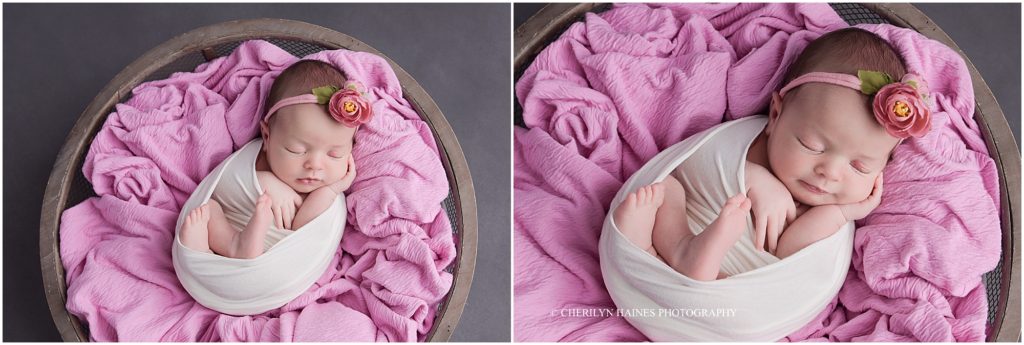 cherilyn haines photography; 14 day old newborn baby girl photographed in basket with pink blanket