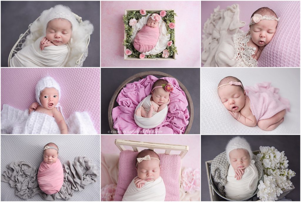 pink, white, and gray newborn portrait session with cherilyn haines photography in baton rouge, lousiiana