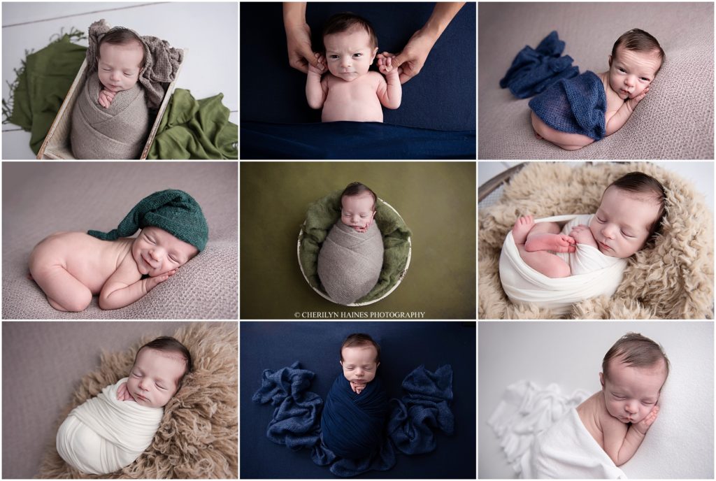 10 day old newborn baby boy photographed with navy, green, brown, and white in baton rouge, louisiana by cherilyn haines photography