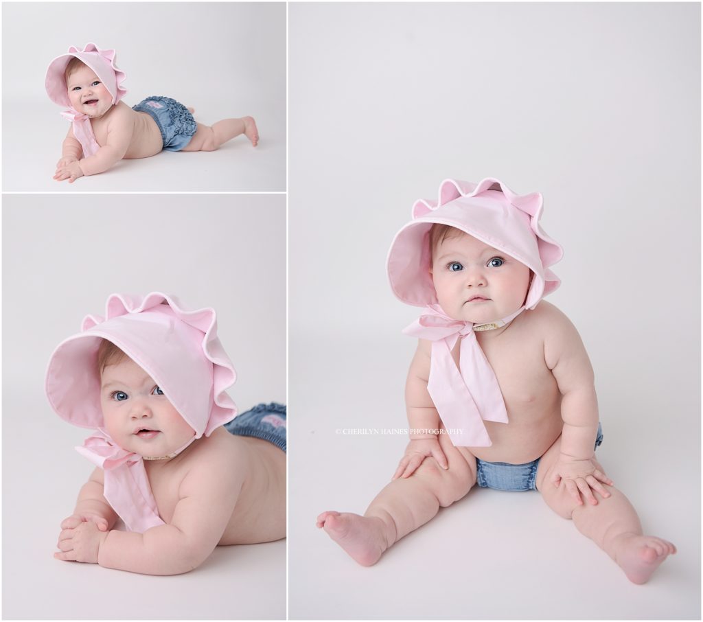 baby portraits in pink bonnet