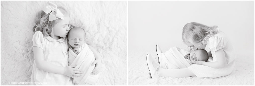 black and white portraits of newborn baby boy with big sister; photographed by cherilyn haines photography