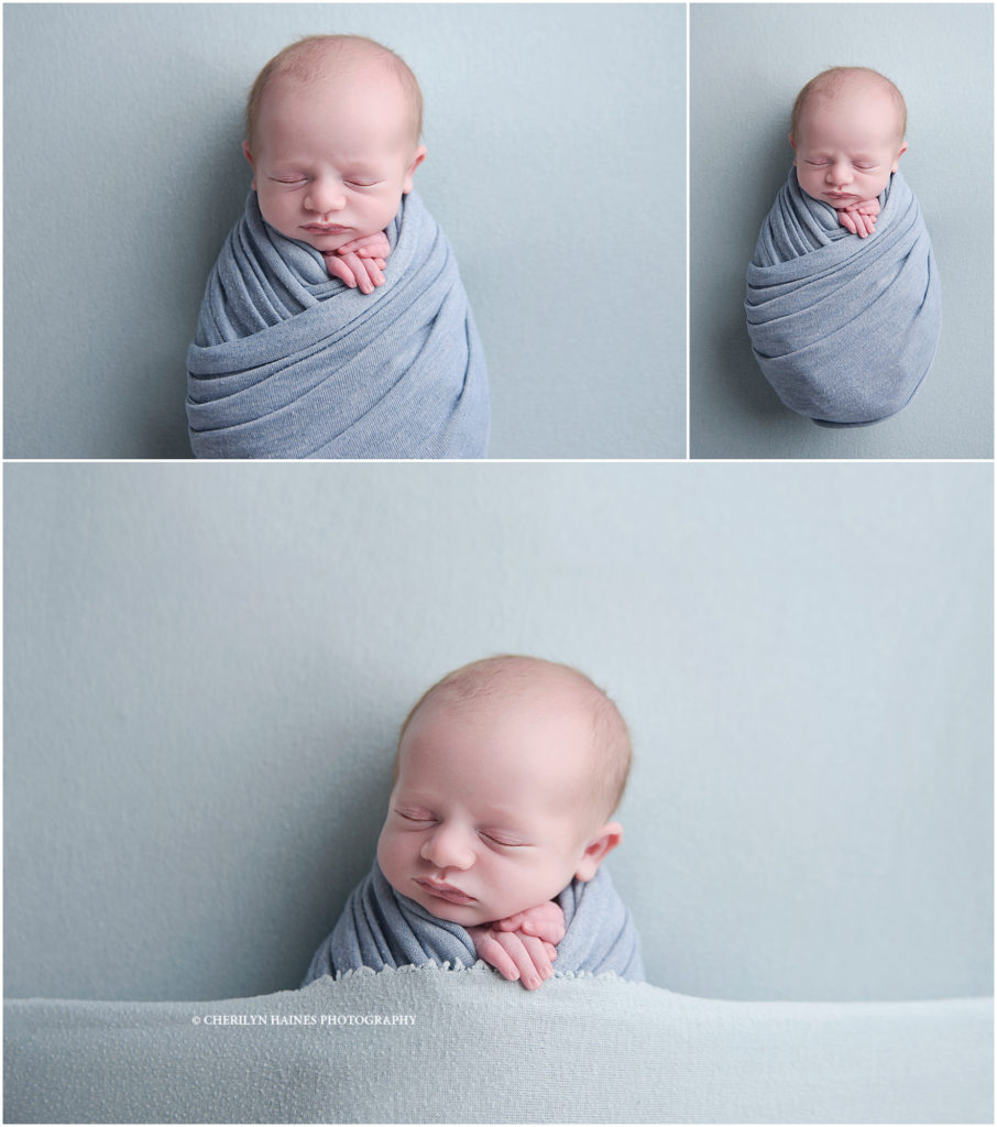 newborn session in baton rouge, la of 13 day old baby boy wrapped in light blue