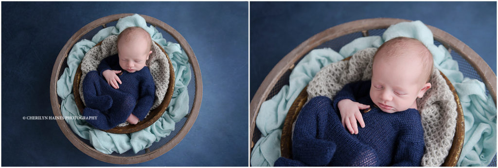 navy and aqua themed newborn portrait session