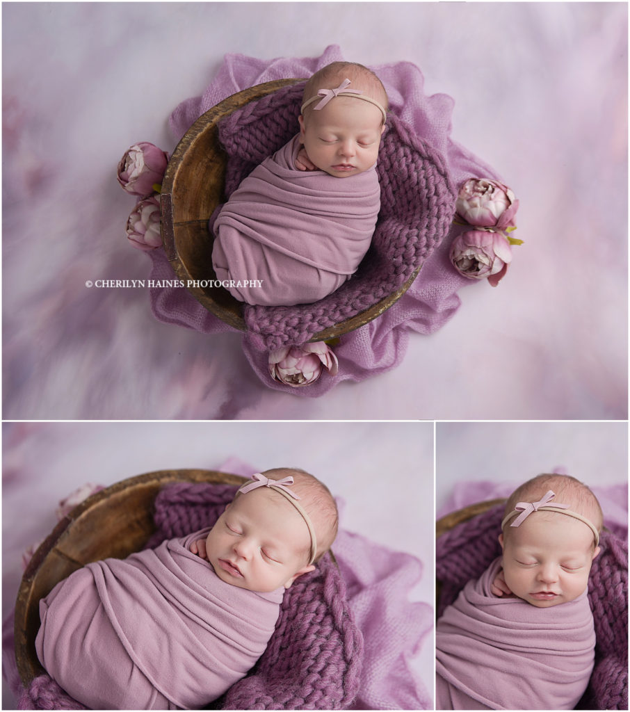 lavender themed newborn portrait setup with peonies