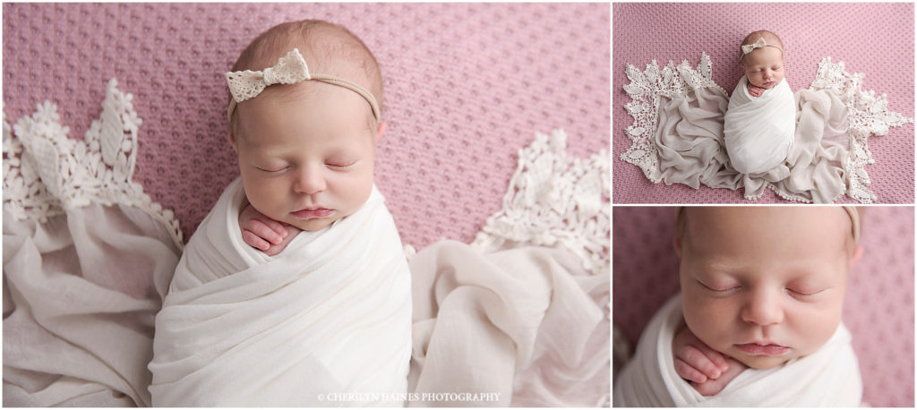 pink and white themed newborn session; tiny baby girl swaddled in white with lace wrap
