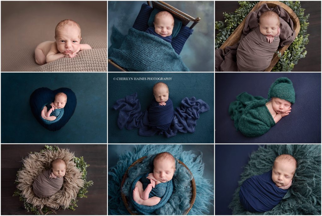 navy, teal, and brown themed newborn baby portrait session with cherilyn haines photography in baton rouge, louisiana