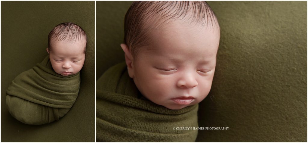 cherilyn haines photography; newborn baby boy photographed on olive green blanket