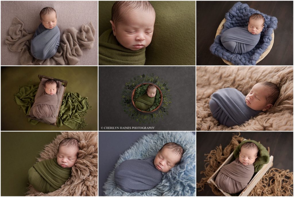 20 day old newborn baby boy photographed with greens at blues at cherilyn haines photography studio in baton rouge, louisiana