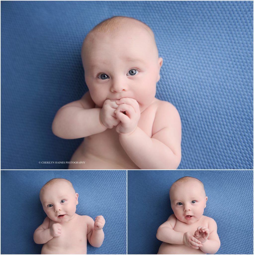 baton rouge, la baby photographer; 3 month old baby boy laying on blue blanket chewing on his hands