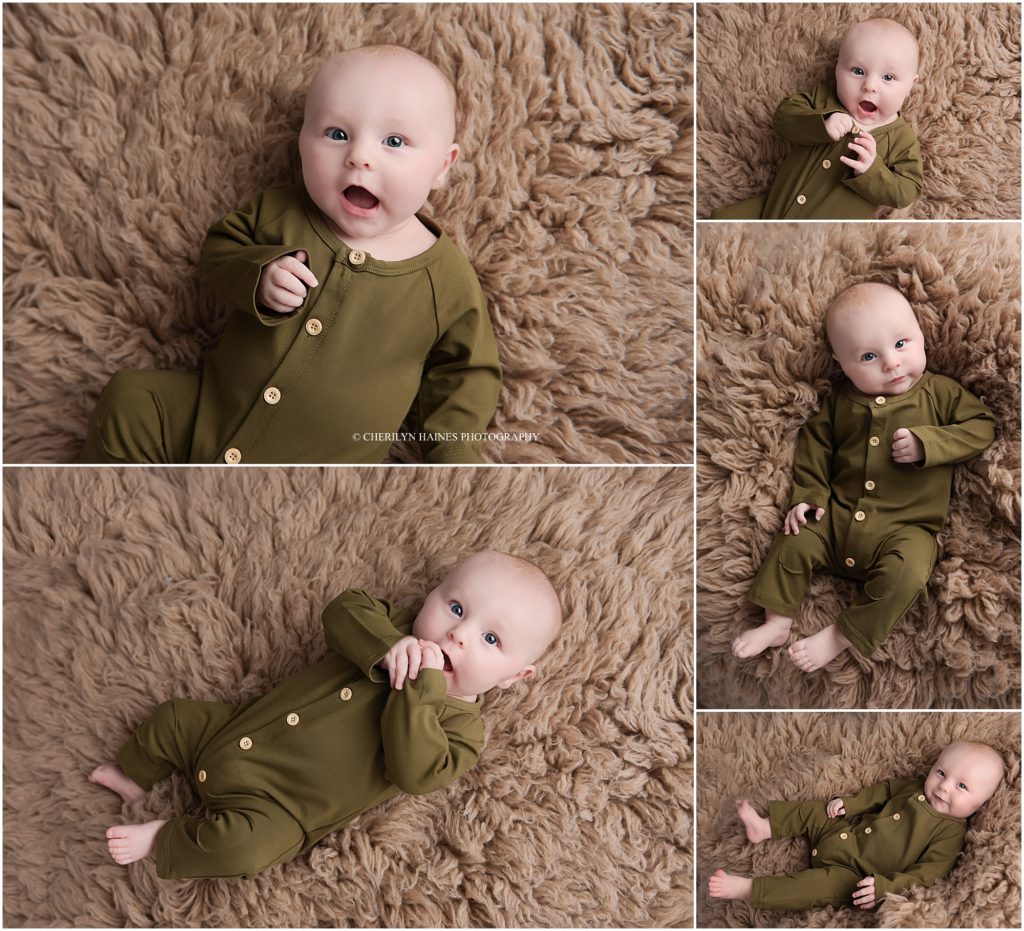 louisiana newborn and baby photographer; 3 month old baby boy wearing olive green button down outfit laying on a tan rug